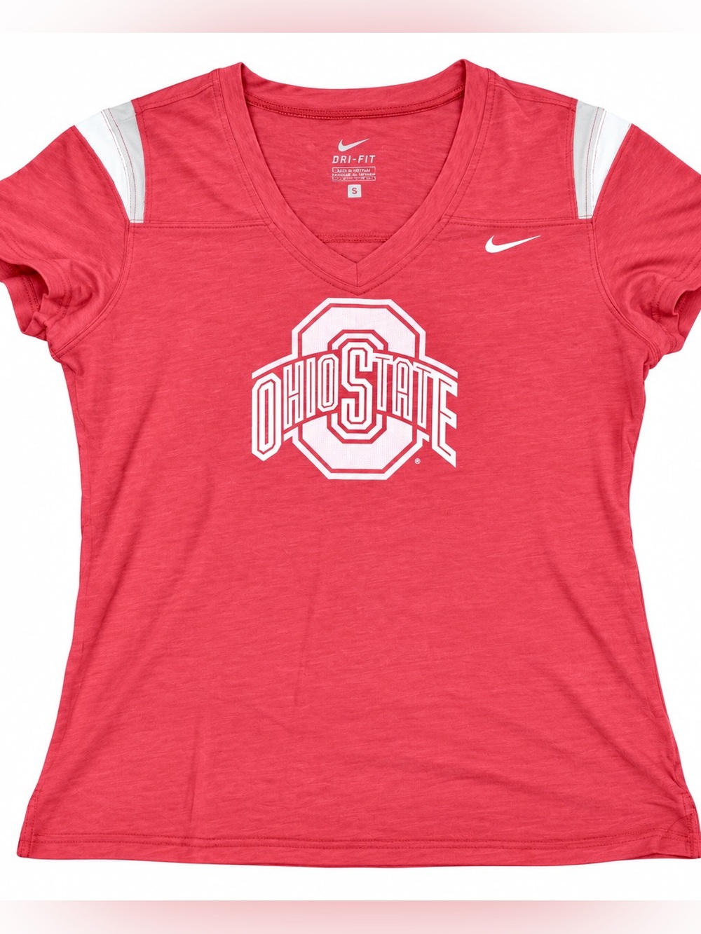 Nike Women's Red V-Neck Dri-FIT Tee with White Accents